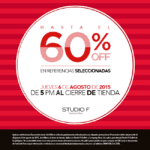 Hasta 60% de descuento en boutiques Studio F sólo hoy 6 de agosto a partir de las 5:00 PM
