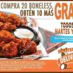 En Hooters 10 alitas boneless GRATIS si compras 20 alitas para llevar los martes y jueves