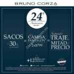 Promociones 24 aniversario de Bruno Corza: 30% de descuento en sacos y trajes a 2X1 1/2