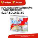En Soriana Híper y Súper papel higiénico Pétalo Rendimax 4 rollos $17.50 sólo hoy y mañana