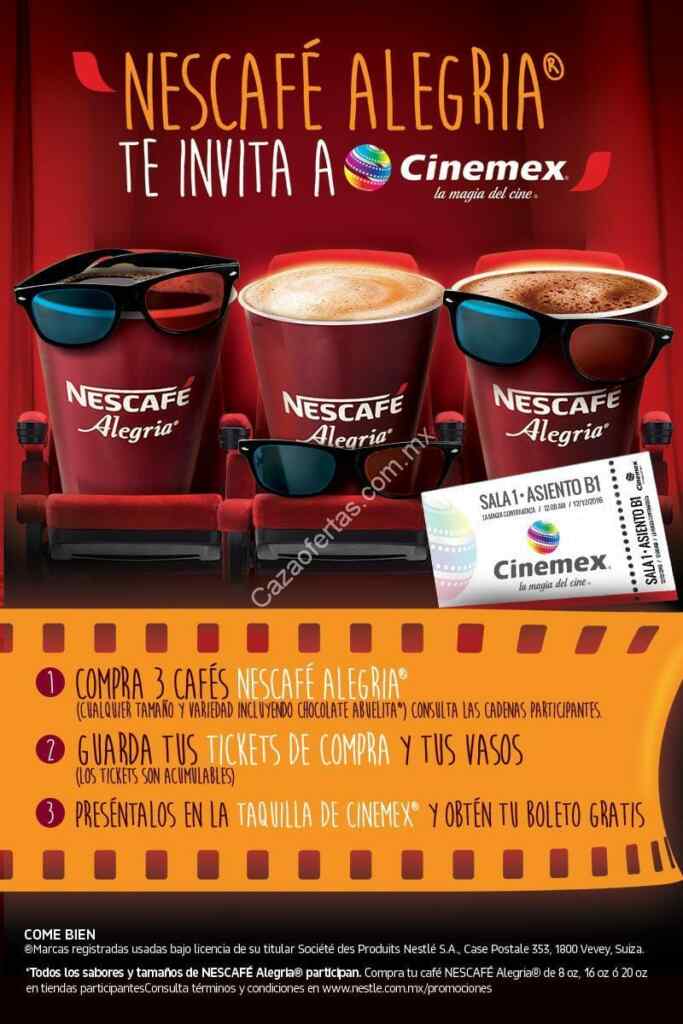 Boleto Cinemex gratis en la compra de 3 Nescafé Alegría