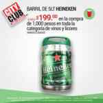 Barril de 5 litros de cerveza Heineken a $199 si compras $1000 en vinos y licores en City Club