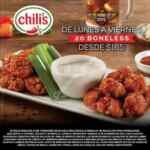 Cupón Chilis de 20 alitas boneless a $165 de lunes a viernes en servicio a domicilio