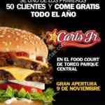 Hamburguesas gratis por 1 año si eres de los primeros en la inauguración de Carls Jr Toreo Parque Central