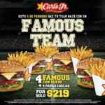 Promoción Super Bowl Carls Jr. Famous Team: 4 hamburguesas + 4 papas por $219
