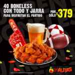 En las Alitas 40 boneless + jarra de cerveza por $379 durante partidos de fútbol