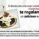 Promoción Crepes & Waffles Liverpool: waffle Gratis al desayunar unos huevos o crepas