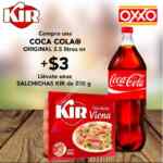 Promoción Oxxo Coca-Cola y Kir: compra un refresco de 2.5 litros + $3 = salchichas Kir