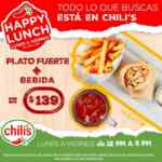 Happy Lunch Chilis: Plato fuerte + bebida a $139 de lunes a viernes de 12:00 a 5:00 en sucursales participantes