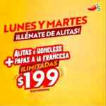 En Chilis alitas o boneless + papas a la francesa ilimitadas a $199 los lunes y martes después de las 5:00 pm
