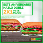Promoción aniversario Subway Plaza Azcapotzalco: 2x1 en subs este sábado 2 de marzo