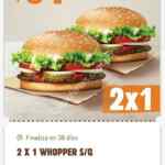 Cupón Burger King de 2x1 en Whopper sin queso ($61 por las 2 hamburguesas)