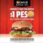 Promoción Carls Jr Día de la Hamburguesa 2019: Famous Star con queso a sólo $1 peso en la compra de cualquier combo el 28 de mayo