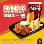Promoción Las Alitas: Favoritos + refresco refill por $99 los lunes, martes, jueves y viernes