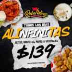 Promoción Rebel Wings Alinfinitas 2019: todas las alitas, boneless, papas y vegetales que puedas comer por $139