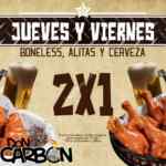 En Don Carbón 2x1 en cervezas, alitas y boneless los jueves y viernes