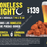 Boneless Night Las Alitas: Boneless ilimitadas + cerveza o limonada refill a $139 de domingo a miércoles desde las 7:00 PM