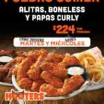 Promoción Hooters Martes y Miércoles de Alitas: Alitas, boneless y papas curly a $224 por persona
