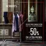 Promoción Roberts fin de semana Patrio: Segundo a mitad de precio en sacos, chamarras, pantalones y camisas