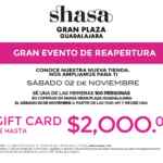 Promoción Shasa la Gran Plaza: tarjeta de regalo de hasta $2,000 para los 100 primeros por reinauguración