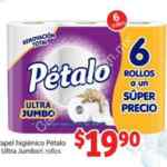 En Soriana Mercado papel de baño Pétalo Ultra Jumbo 6 rollos a $19.90