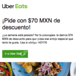 Código Uber Eats de $70 de descuento del 28 al 30 de octubre