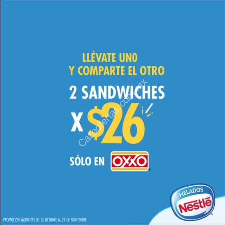 Promoción Oxxo 2 sándwiches helados Nestlé a $26