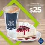 En Sams Club rebanada de Cheesecake + café capuchino por $25 pesos