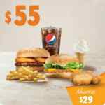 Combo Burger King de hamburguesa + papas + refresco + nuggets + helado por $55 pesos