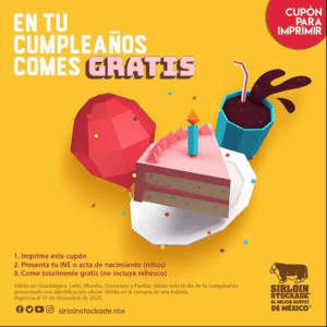 Sirloin Stockade en tu cumpleaños come gratis 2020: Cupón para comer gratis el día de tu cumpleaños