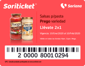 Cupón Soriana Soriticket de 2x1 en salsas para pasta Prego