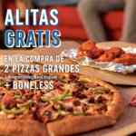 Promoción Dominos Pizza de alitas Gratis en la compra de 2 pizzas grandes + boneless