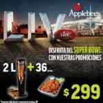 Promoción Applebees Super Bowl: Torre Big Apple 2 litros de cerveza + 36 bonesless a $299