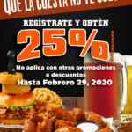 Cupón Hooters de 25% de descuento en el total de tu cuenta