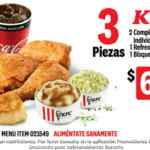 Combo KFC Banorte de 3 piezas de pollo + 2 complementos + refresco + bisquet por $69