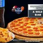 En Soriana paquete Super Bowl de pizza familiar + papas gajo + refresco por $148