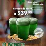 Promoción Hooters San Patricio: Cerveza de barril verde a $39 del 16 al 21 de marzo