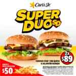 Promoción Super Duo Carls Jr: 2 famous star con queso o 2 jalapeño burger por $89