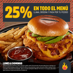 En las Alitas 25% de descuento en todo el menú en pedidos para llevar