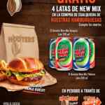 Promoción Hooters: Llévate 4 New Mix ó 2 latas de Jack Daniels GRATIS en la compra de 1 hamburguesa
