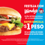 Promoción Wendys Día de la Hamburguesa 2020: hamburguesa Daves sencilla a $1 peso en la compra de un combo