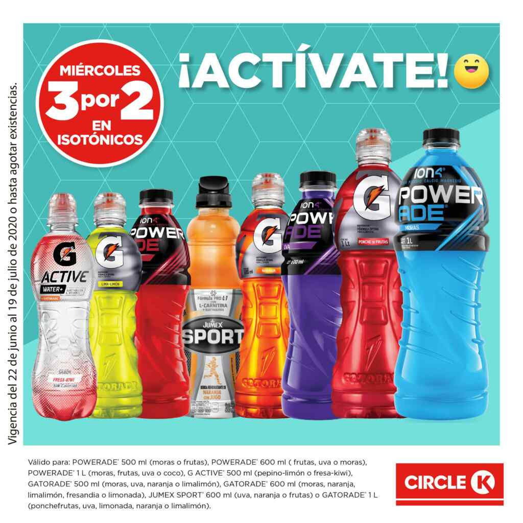 3x2 en bebidas isotónicas (Gatorade, Powerade, etc.) los miércoles en
