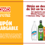 Cupón Oxxo $63 de descuento en la compra de Whisky Passport 700ML + Paketaxo 280 g + Agua Mineral 2L