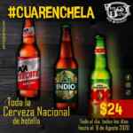 Promoción Cuarenchela Perros y Burros: Cerveza nacional de botella a $24 todo el día todos los días