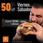 Promoción Didi Food Cuarto de Kilo: Combo hamburguesa con tocino a mitad de precio los viernes y sábados