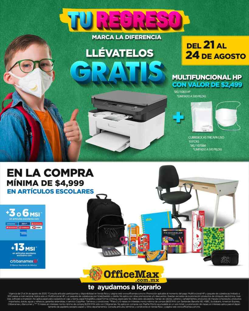 Regreso a Clases Office Max: multifuncional HP + cubrebocas Gratis en  compras de $4,999