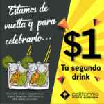 Promoción California Pizza Kitchen reapertura: Segundo drink a $1 hoy