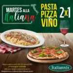 Martes Alla Italiana en Italianni's: 2x1 en pasta, pizza y vino los martes a partir de la 1:00 PM