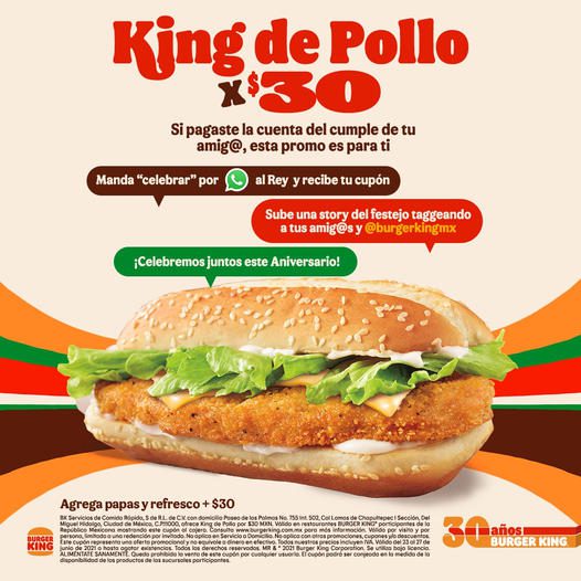 Cupón Burger King 30 Aniversario: King de pollo a sólo $30 - Cazaofertas  México