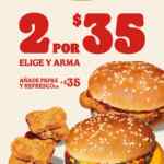 Promoción Burger King: Elige 2 hamburguesas participantes por $35 + hazlas combo por $35 más